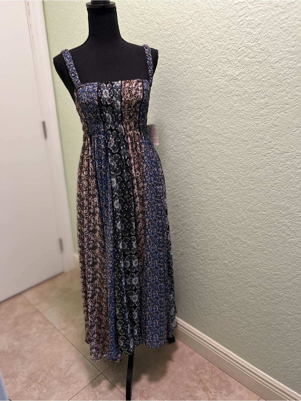 Free People Smocked Strappy Maxi Dress in Blue and Brown